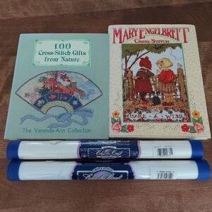 Cross stitch pattern books plus Cross stitch fabric